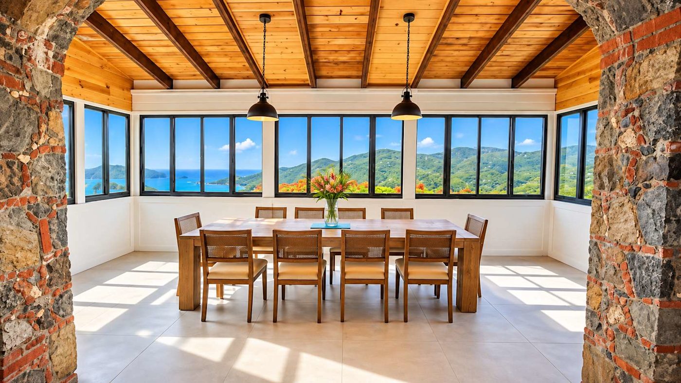 Dining room with wide windows and island view
